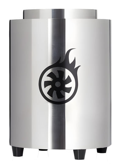 Side view of Shisha Turbine NeXt Premium Coal Burner in stainless steel with turbine logo.
