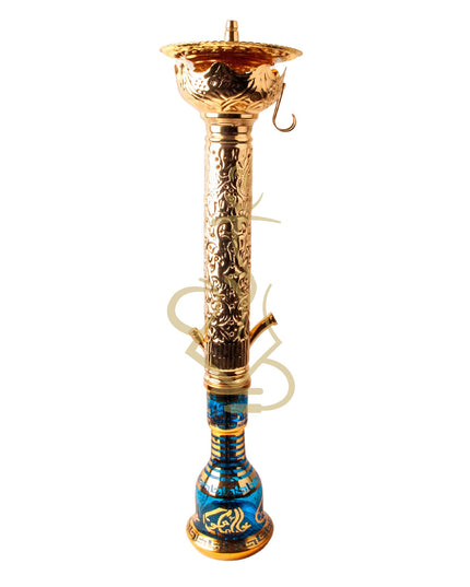 Close detail of Khalil Mamoon Ice Dana Gold Hookah vase, gold patterns on blue