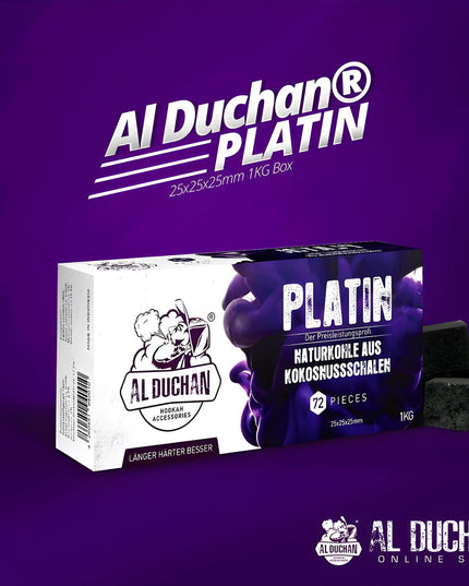 Al Duchan Platin hookah charcoal with eco coconut shells on vibrant purple background.