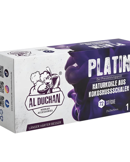 Al Duchan Platin 1kg 72 pieces coconut hookah charcoal in white and purple box.