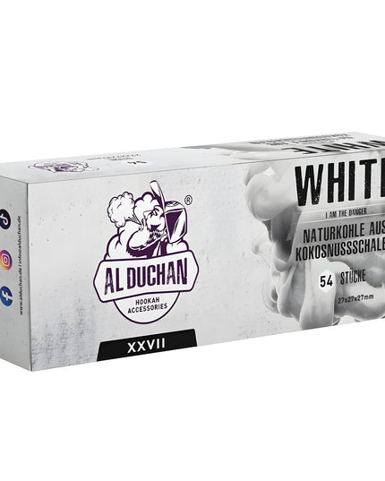 Al Duchan White 27mm Shisha Charcoal Box - 1kg pack with 57 pieces, made from premium coconut shells, suitable for all hookahs.